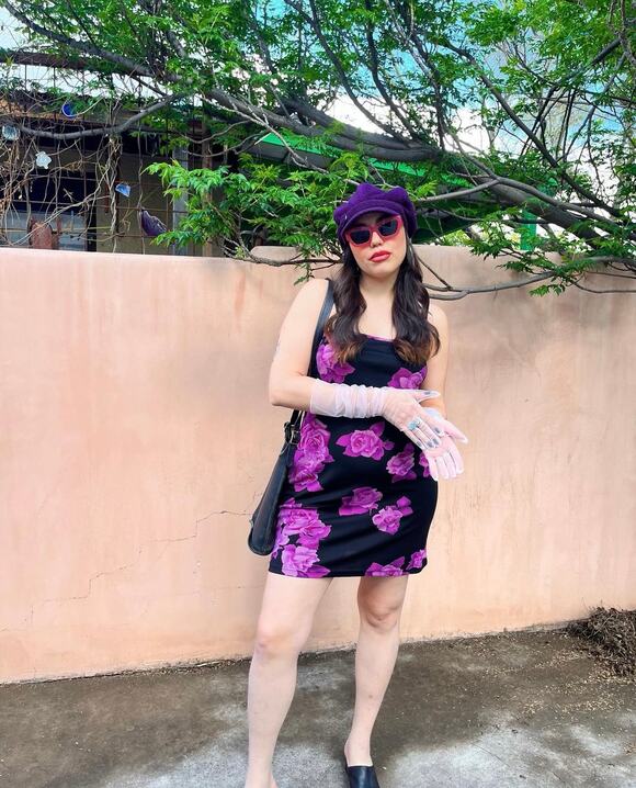 American Vintage Dresses & Skirts - Vintage 90s Rose Print Mini Party Dress Womens L Black Purple Bodycon Stretch